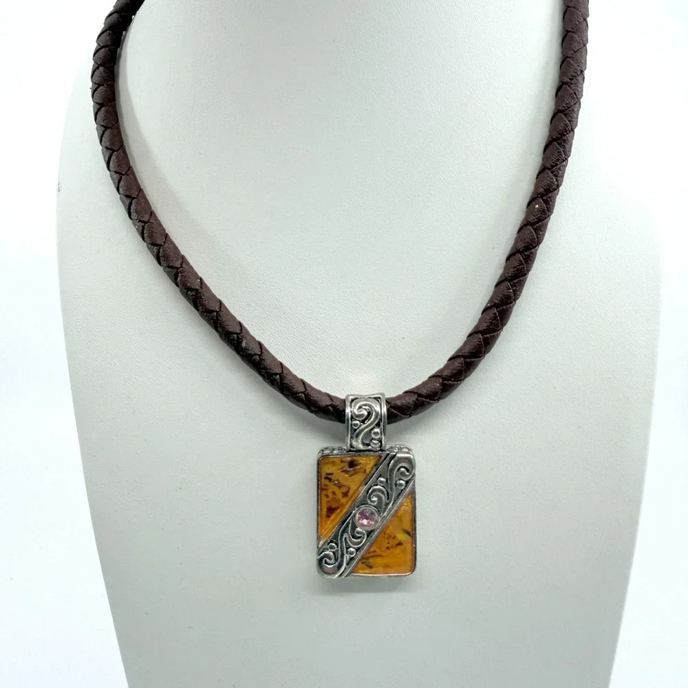 VTG Amber & Silver Resin Statement Necklace with Braided Leather Pendant